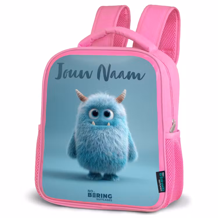 Rugzak kind met naam - Roze Blauw pluizig monster met hoorns — 4