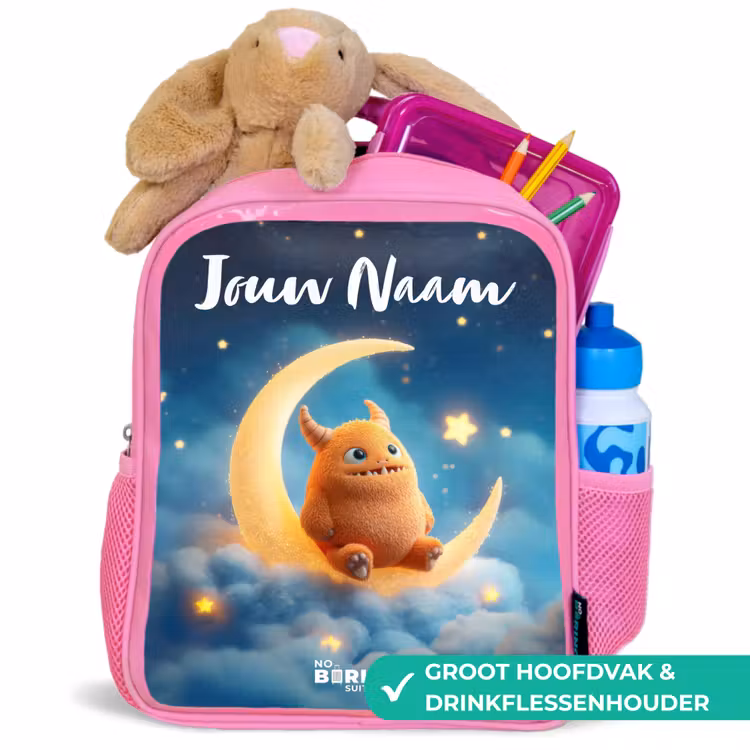 Rugzak kind met naam - Roze Oranje monster op maansikkel — 2