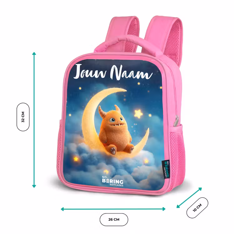 Rugzak kind met naam - Roze Oranje monster op maansikkel — 3