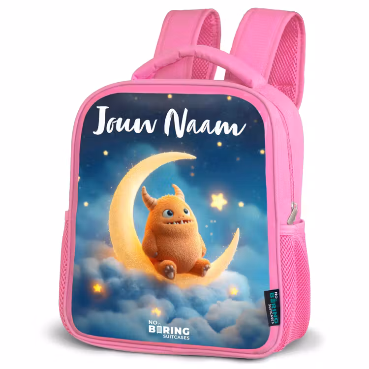 Rugzak kind met naam - Roze Oranje monster op maansikkel — 4