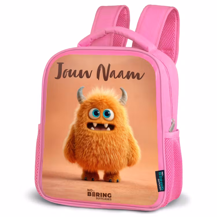 Rugzak kind met naam - Roze Oranje Pluizig Monster met Hoorns — 4