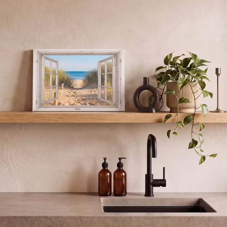 Canvas schilderij - Doorkijk - Strand - Zee - Duinen - Zand - Water - Helmgras — 3