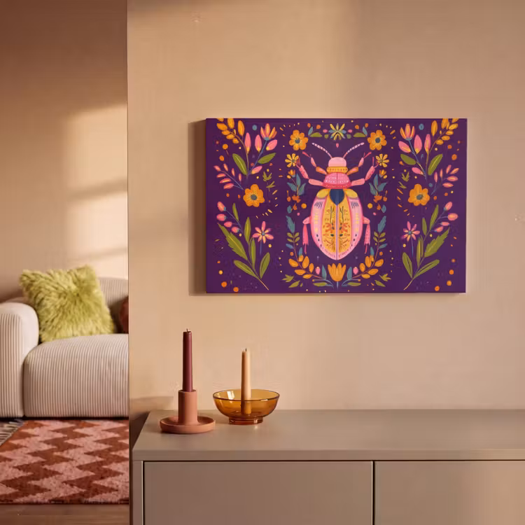 Canvas schilderij - Kever - Felgekleurd - Bloemen - Bladeren — 2
