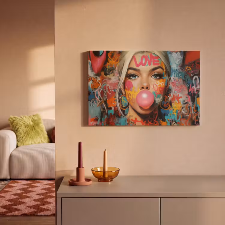 Canvas schilderij - Vrouw - Kauwgom - Graffiti - Love — 2