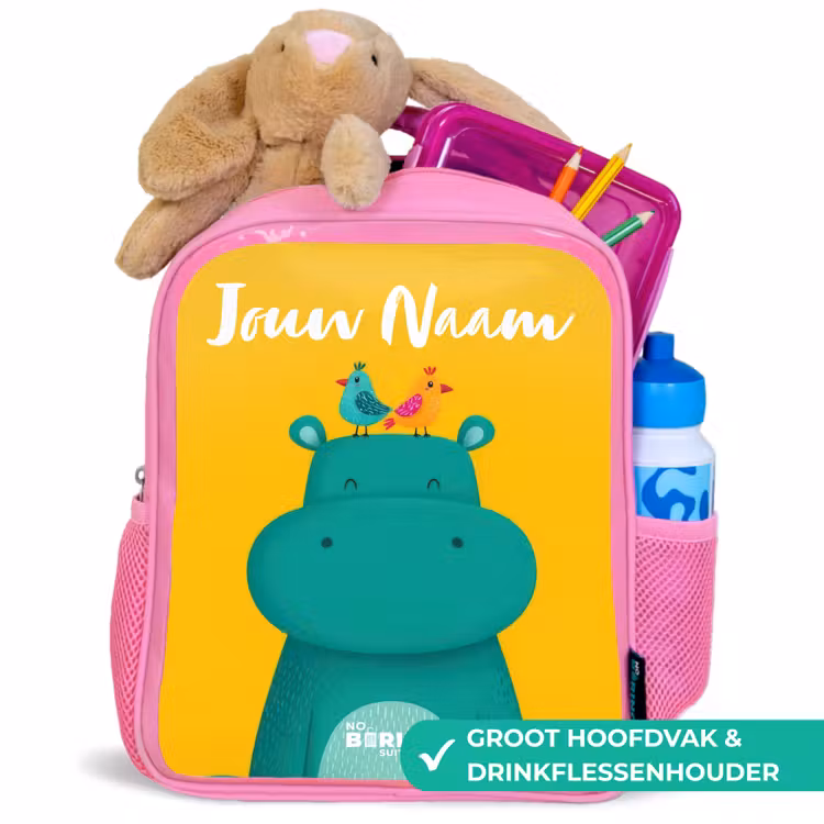 Rugzak kind met naam - Roze Nijlpaard - Vogels - Geel — 2