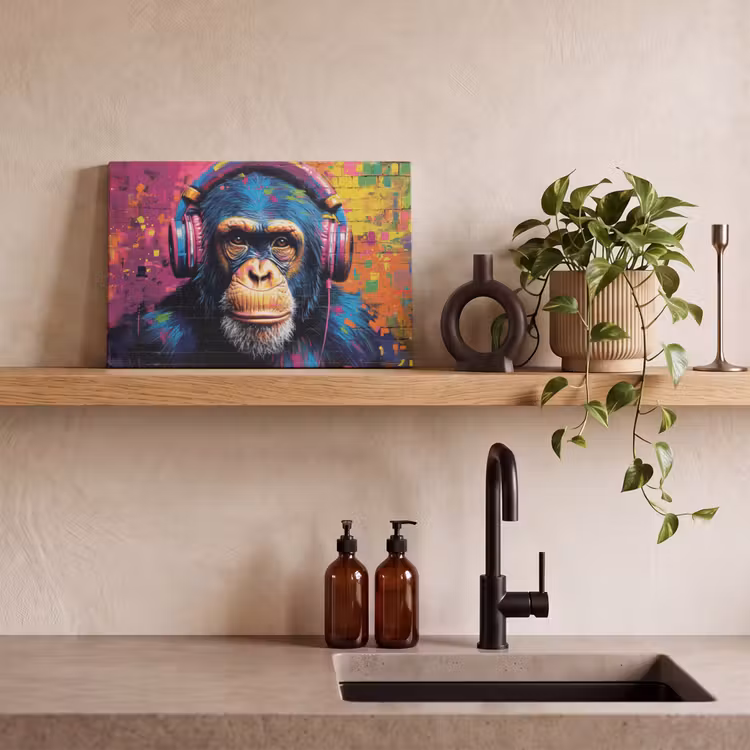 Canvas schilderij - Graffiti - Chimpanzee - Street art - Koptelefoon - Aap — 3