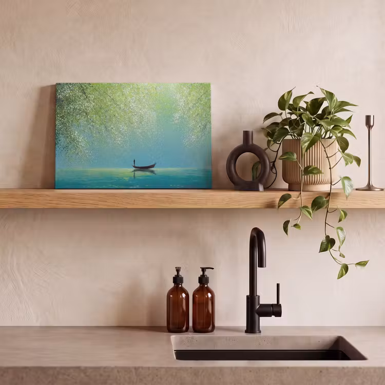Canvas schilderij - Bootje - Water - Bladeren - Bloesems — 3