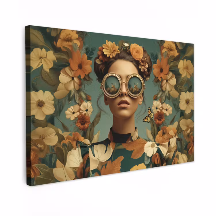 Canvas schilderij - Bloemenkrans - Vrouwengezicht - Zonnebril - Oranje — 1