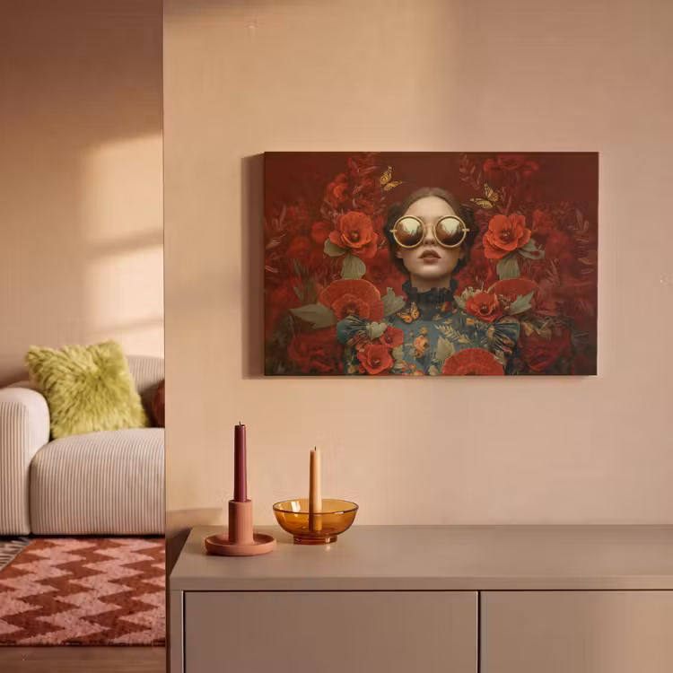 Canvas schilderij - Bloemen - Dieprood - Zonnebril - Vrouw — 2