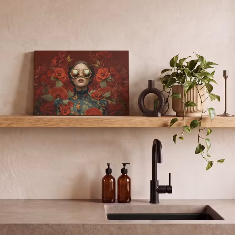 Canvas schilderij - Bloemen - Dieprood - Zonnebril - Vrouw — 3