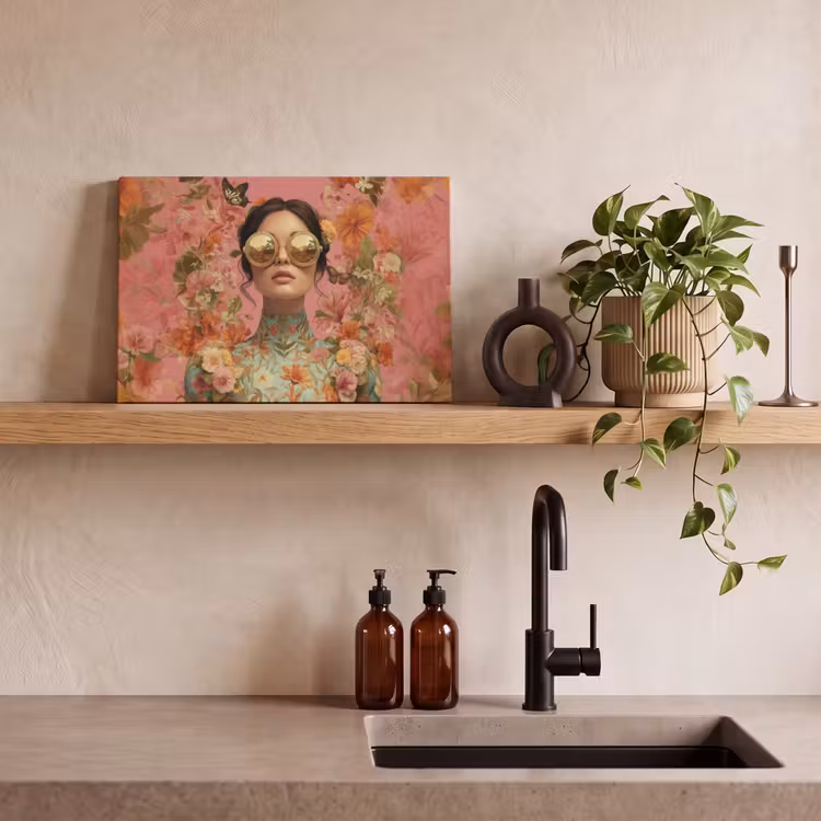 Canvas schilderij - Vrouw - Bril - Roze - Bloemen — 3