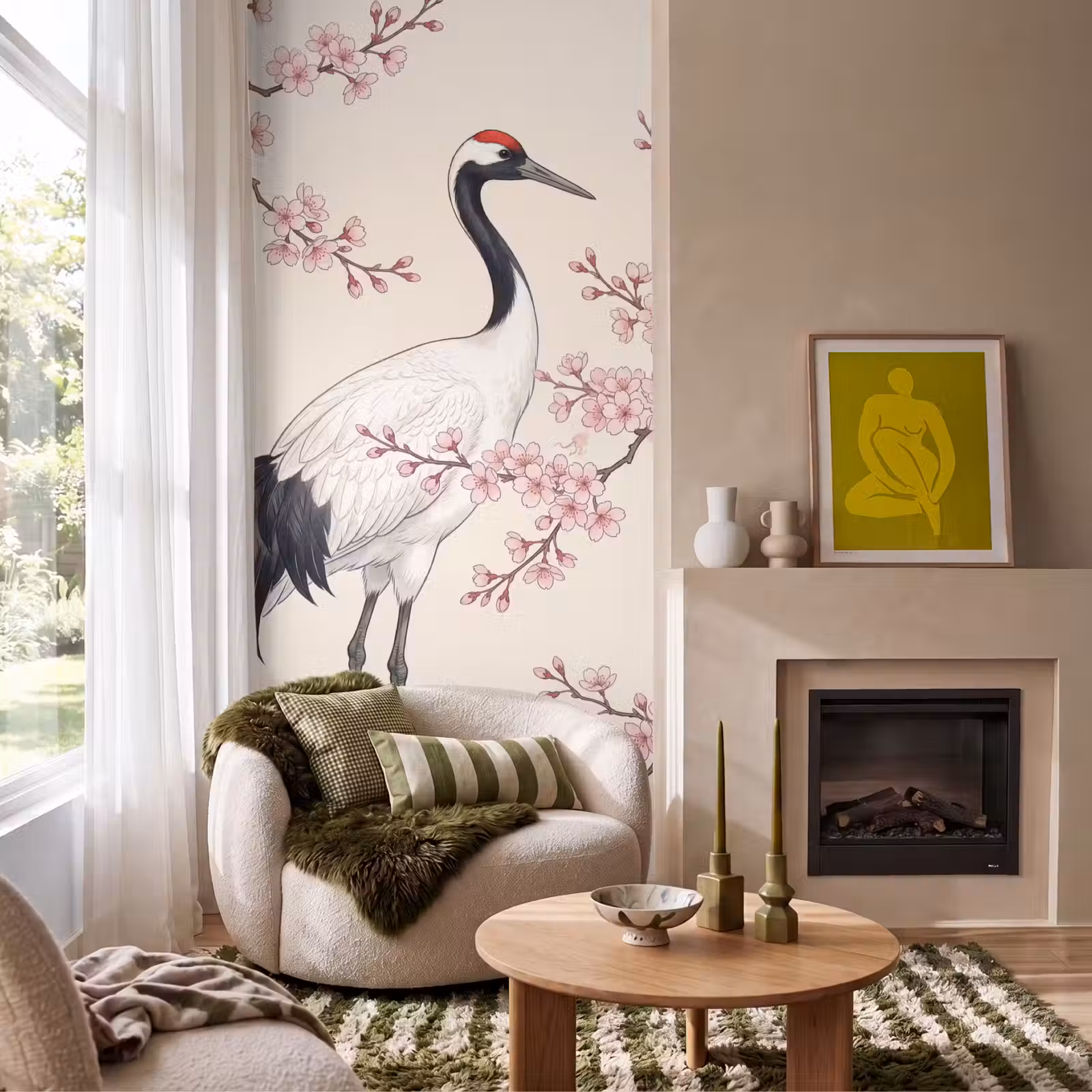 Behang - Aziatisch - Kraanvogel - Beige — 1