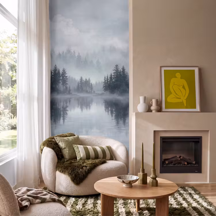 Behang - Bos - Meer - Mist - Natuur - Grijs — 1