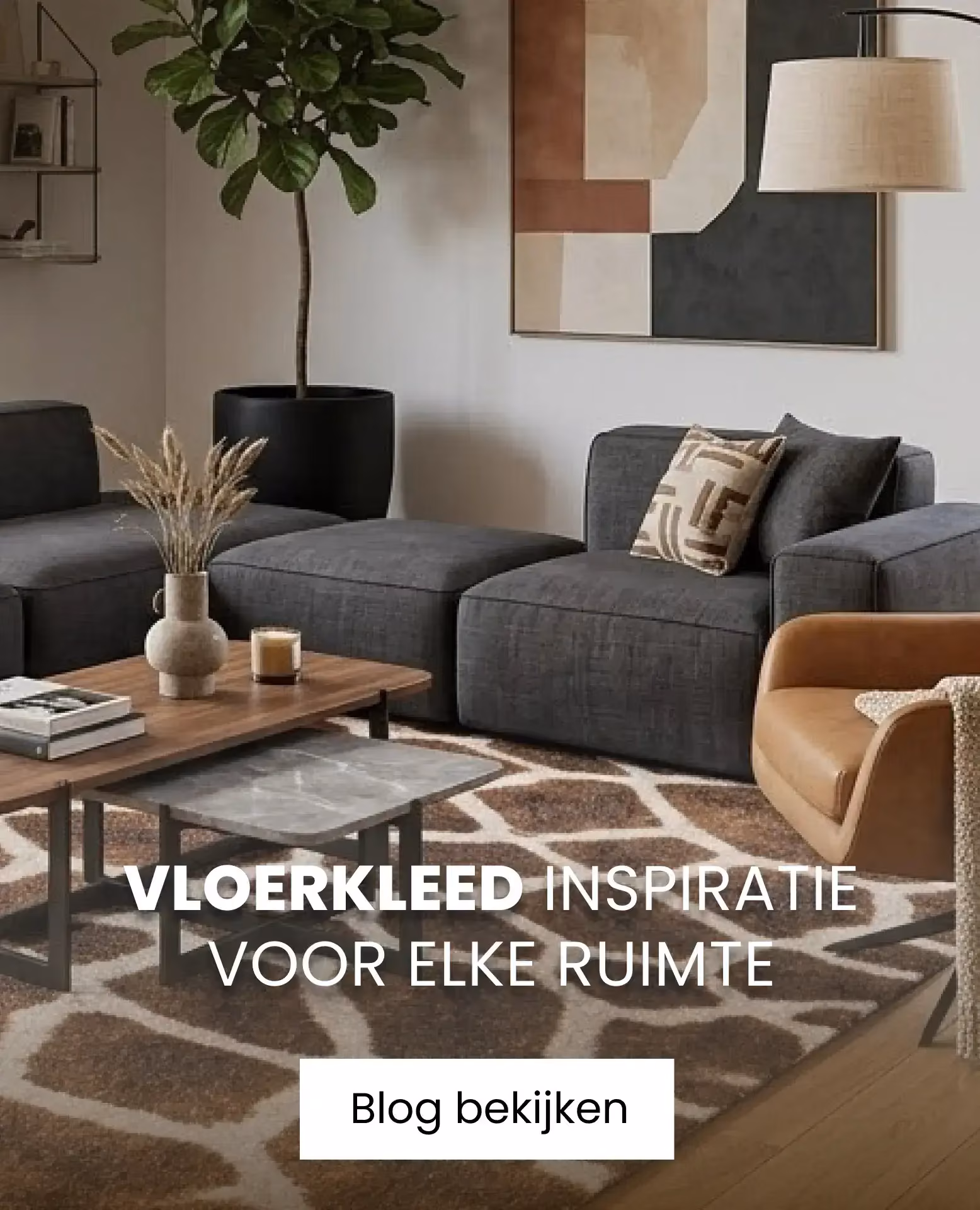 bruin vloerkleed bij grijze bank