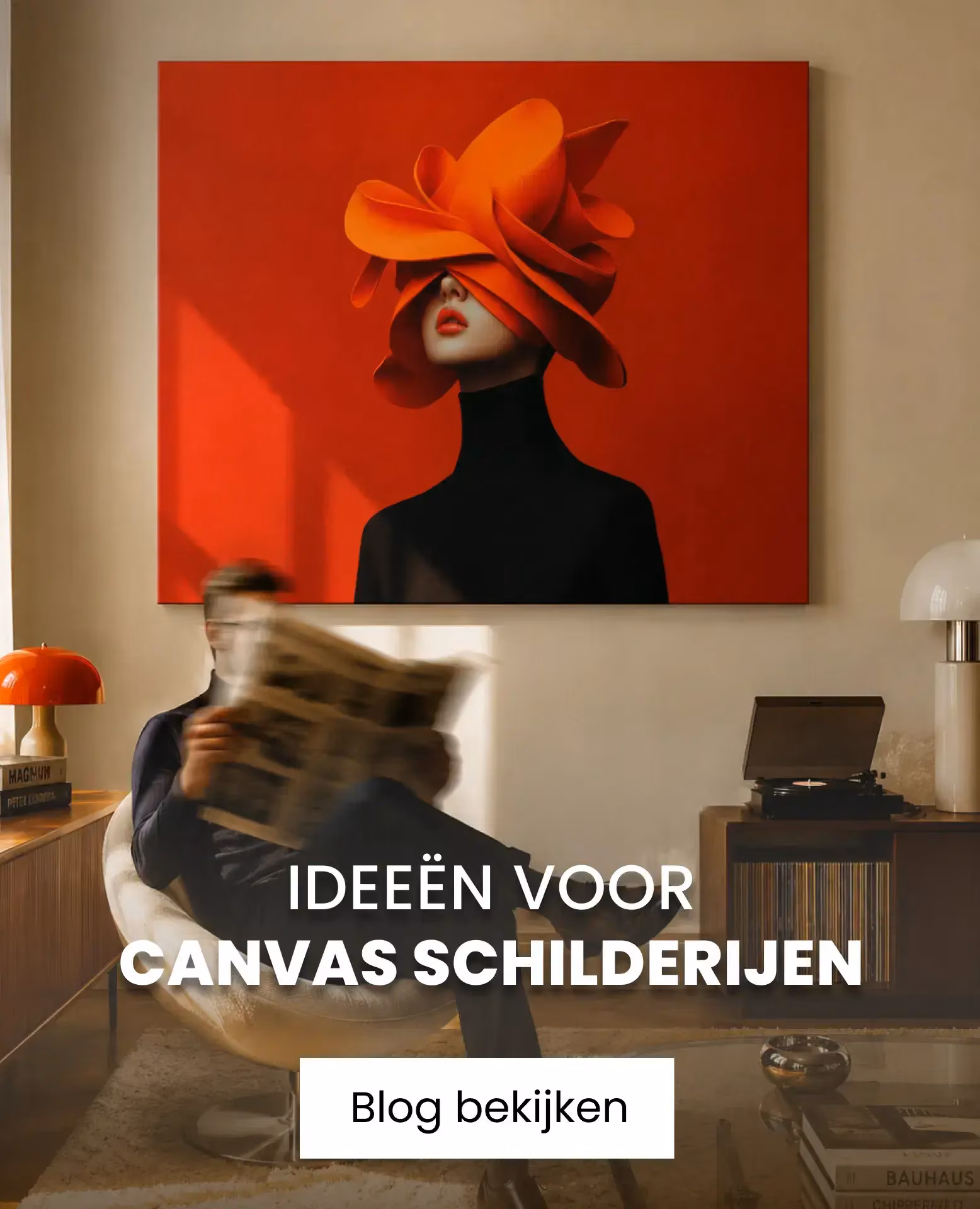 canvas schilderij rood met vrouw
