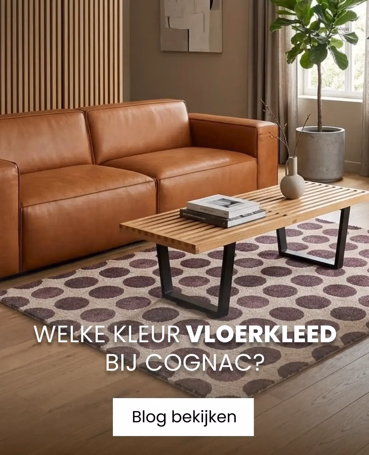 cognac bank met vloerkleed met stippen