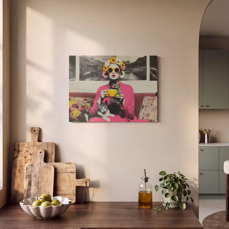 Akoestisch schilderij - Vrouw - Kat - Bloemen - Kopje - Retro — 3
