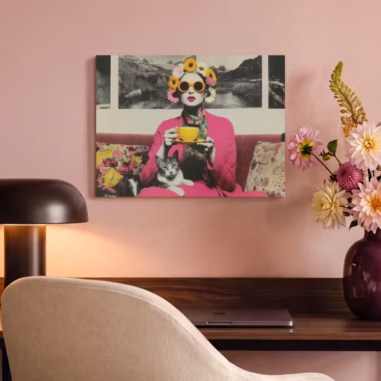 Akoestisch schilderij - Vrouw - Kat - Bloemen - Kopje - Retro — 4