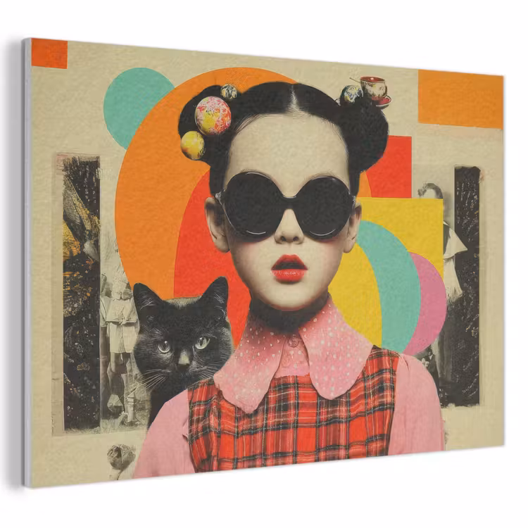 Akoestisch schilderij - Meisje - Zonnebril - Kat - Retro — 1
