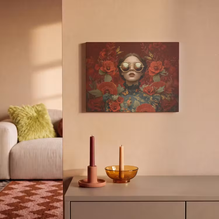 Akoestisch schilderij - Bloemen - Dieprood - Zonnebril - Vrouw — 2