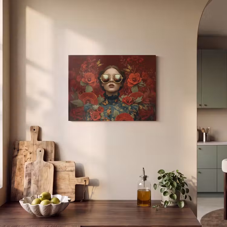 Akoestisch schilderij - Bloemen - Dieprood - Zonnebril - Vrouw — 3