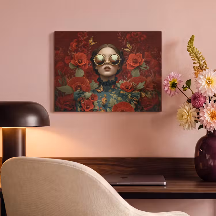 Akoestisch schilderij - Bloemen - Dieprood - Zonnebril - Vrouw — 4