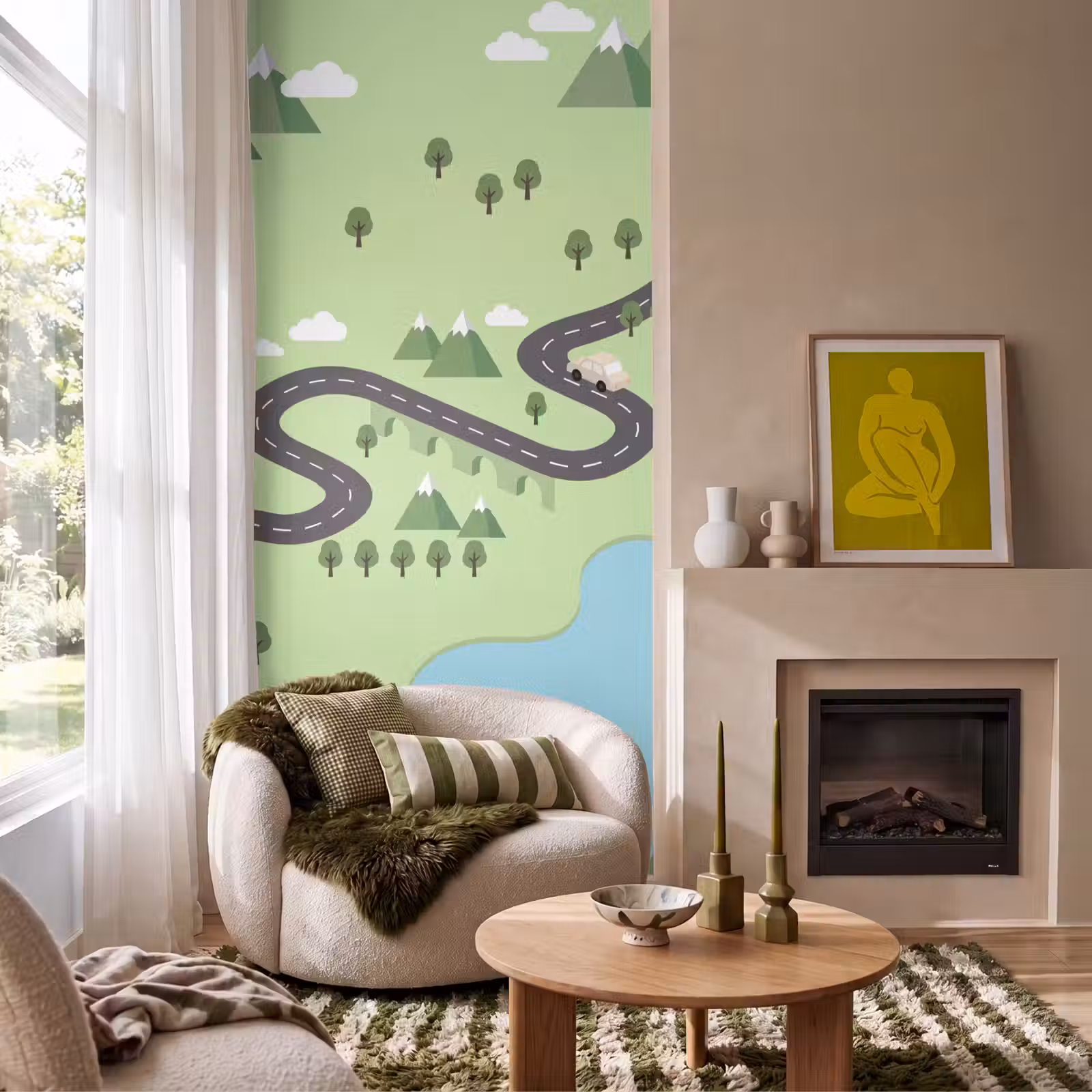 Behang - Auto - Bergweg - Natuur - Illustratie — 1