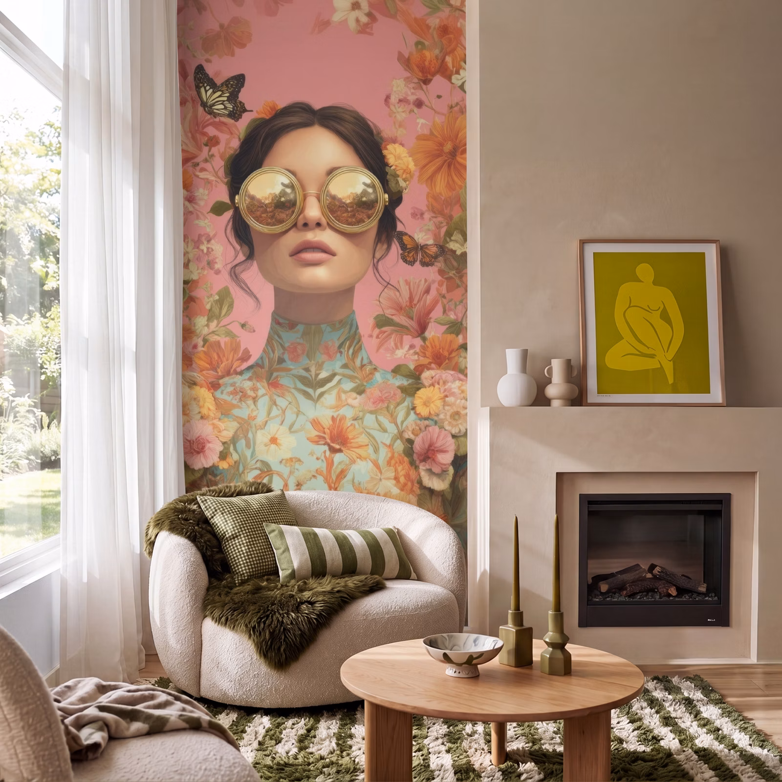 Behang - Vrouw - Bril - Roze - Bloemen — 1