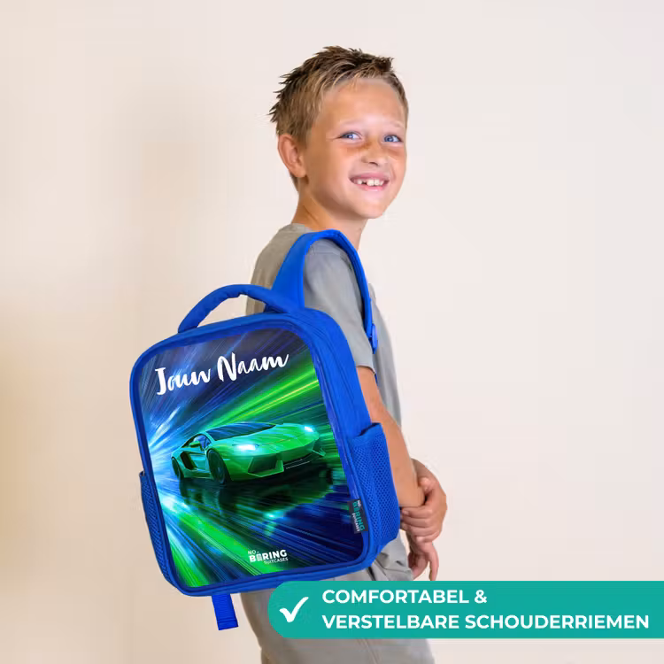 Rugzak kind met naam - Blauw Sportauto - Groen - Snelheidslijnen - Neon — 4