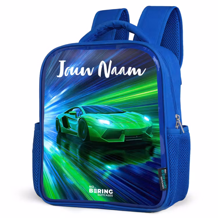 Rugzak kind met naam - Blauw Sportauto - Groen - Snelheidslijnen - Neon — 7