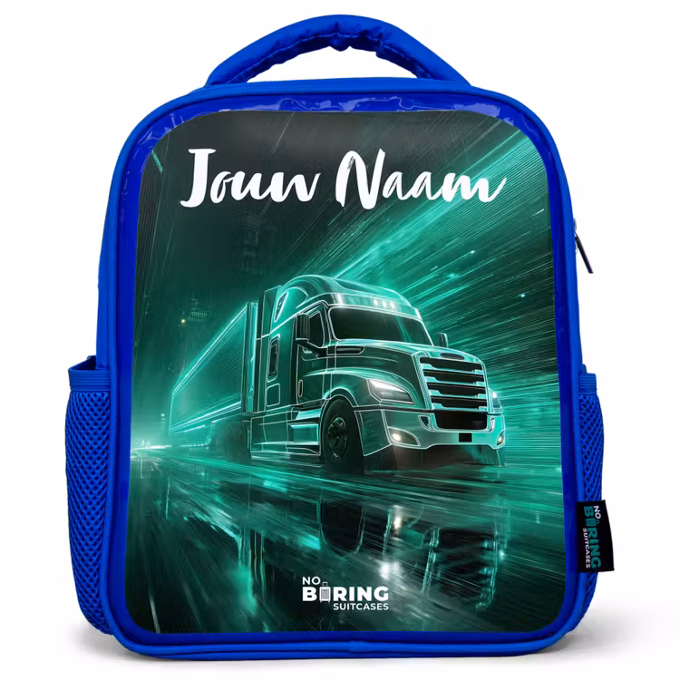 Rugzak kind met naam - Blauw Vrachtwagen - Stad - Groen - Neon — 1
