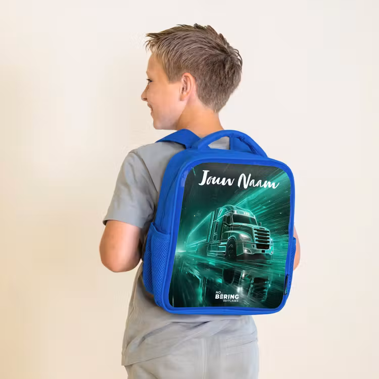 Rugzak kind met naam - Blauw Vrachtwagen - Stad - Groen - Neon — 3