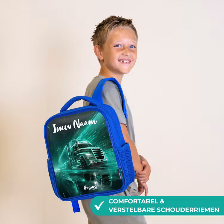 Rugzak kind met naam - Blauw Vrachtwagen - Stad - Groen - Neon — 4