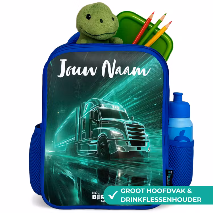 Rugzak kind met naam - Blauw Vrachtwagen - Stad - Groen - Neon — 6