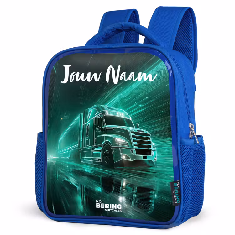 Rugzak kind met naam - Blauw Vrachtwagen - Stad - Groen - Neon — 7