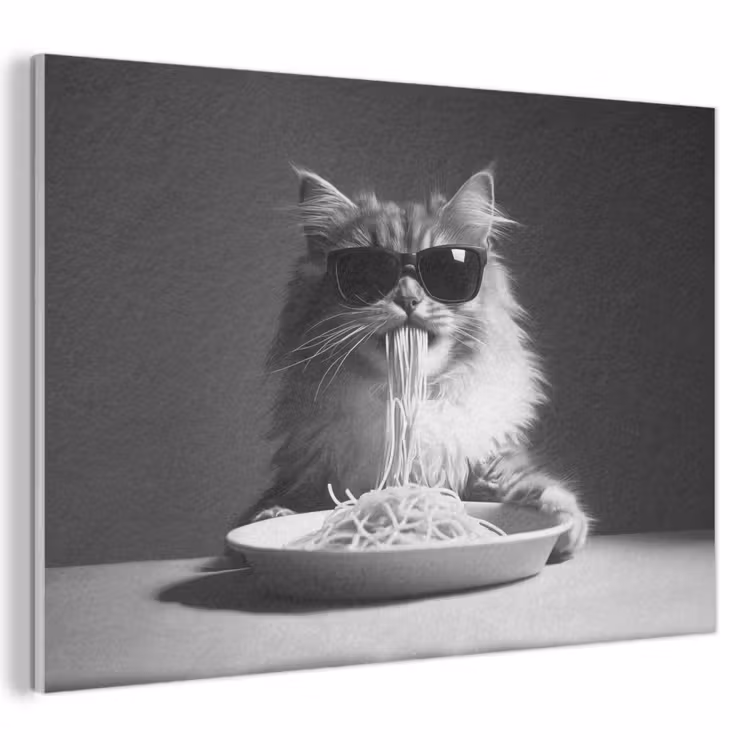 Akoestisch schilderij - Langharige kat - Zonnebril - Spaghetti - Humor - Zwart - wit — 1