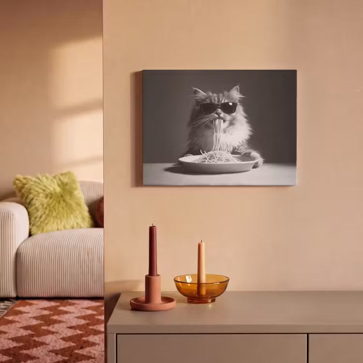 Akoestisch schilderij - Langharige kat - Zonnebril - Spaghetti - Humor - Zwart - wit — 2
