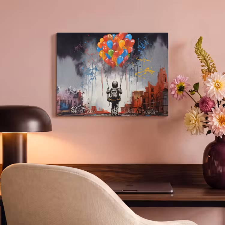Akoestisch schilderij - Jongen - Ballonnen - Gebouwen - Kunst — 4