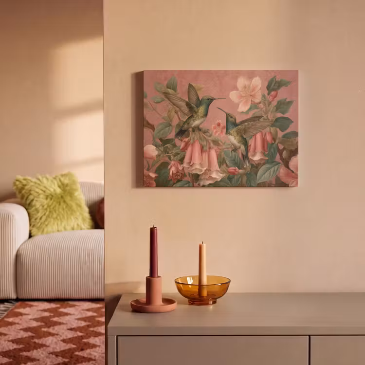 Akoestisch schilderij - Kolibries - Bloemen - Groen - Roze — 2