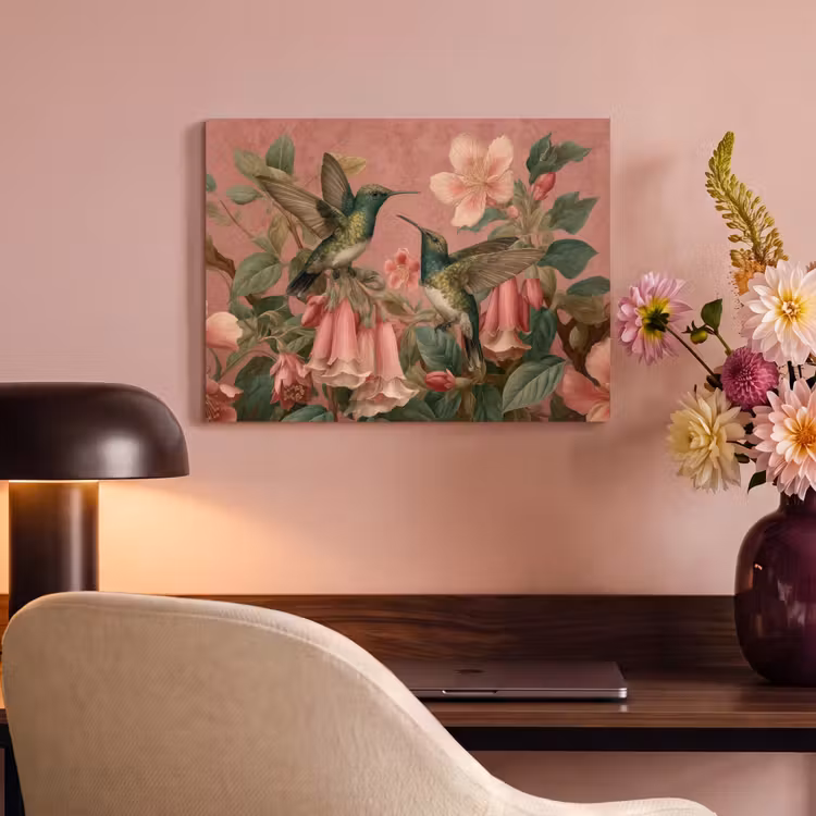 Akoestisch schilderij - Kolibries - Bloemen - Groen - Roze — 4