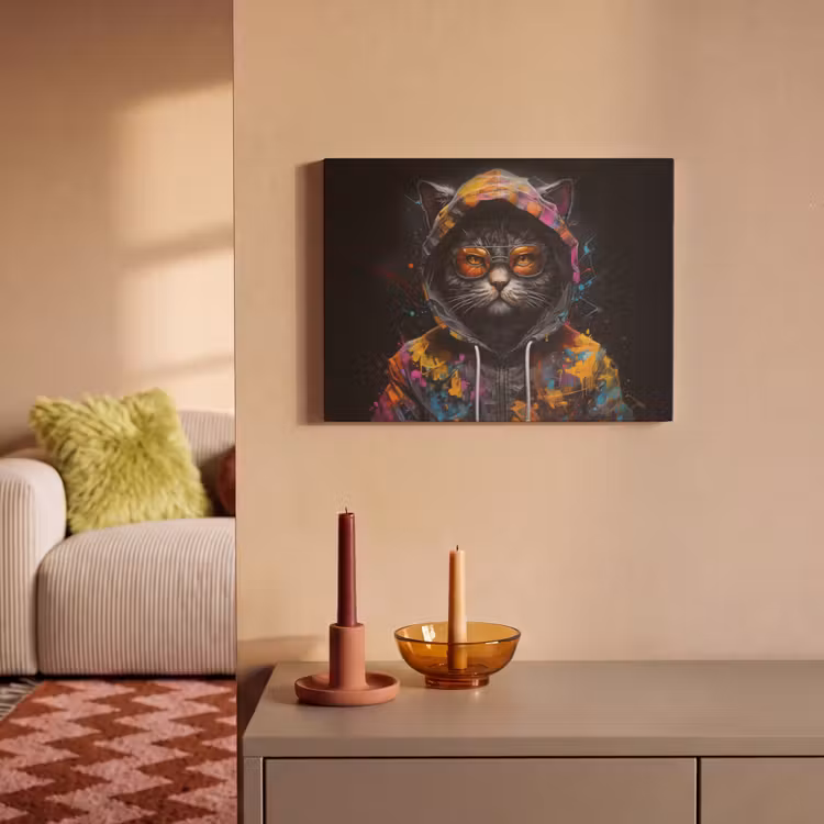 Akoestisch schilderij - Kat - Jas - Graffiti - Bril - Zwart — 2