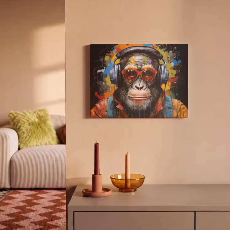 Akoestisch schilderij - Chimpansee - Aap - dieren - Graffiti - Bril - Koptelefoon - Kleuren — 2