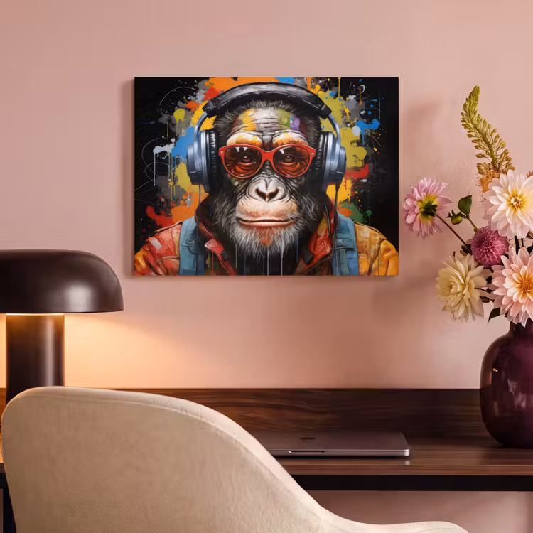 Akoestisch schilderij - Chimpansee - Aap - dieren - Graffiti - Bril - Koptelefoon - Kleuren — 4