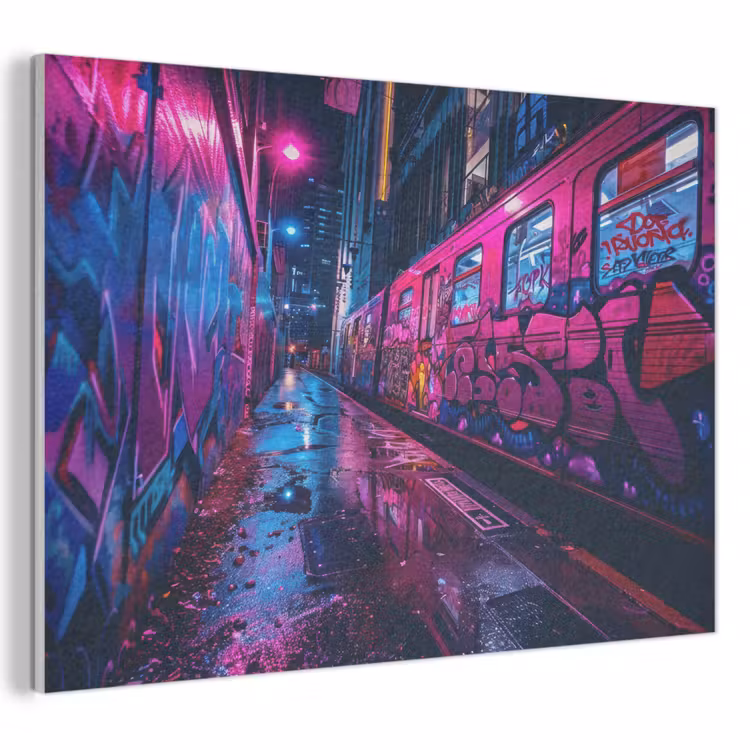 Akoestisch schilderij - Stad - Neon - Nacht - Roze - Graffiti — 1