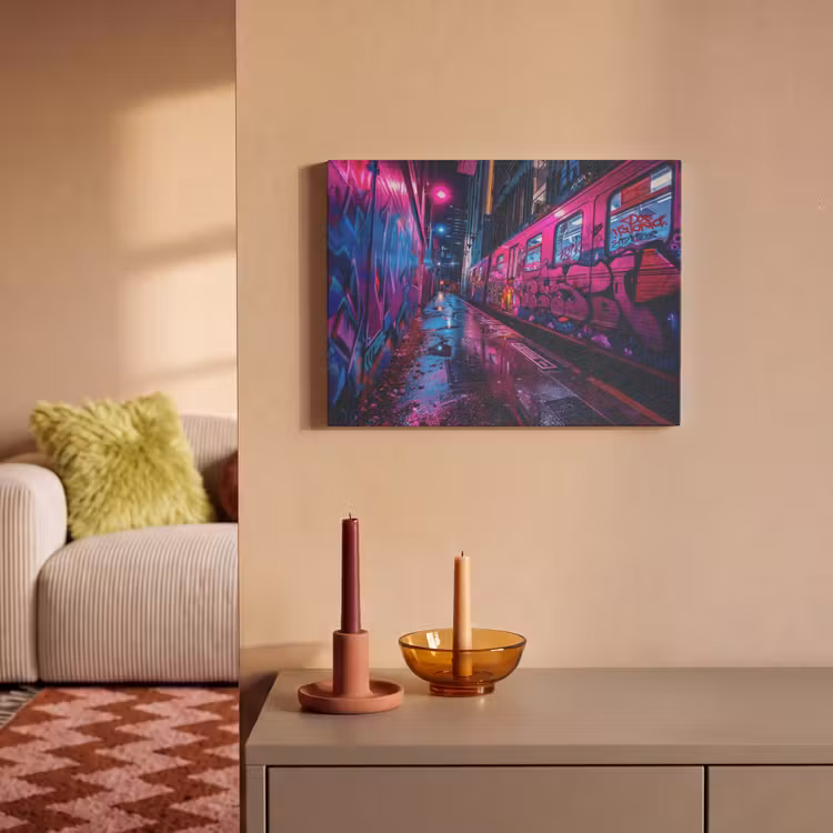Akoestisch schilderij - Stad - Neon - Nacht - Roze - Graffiti — 2