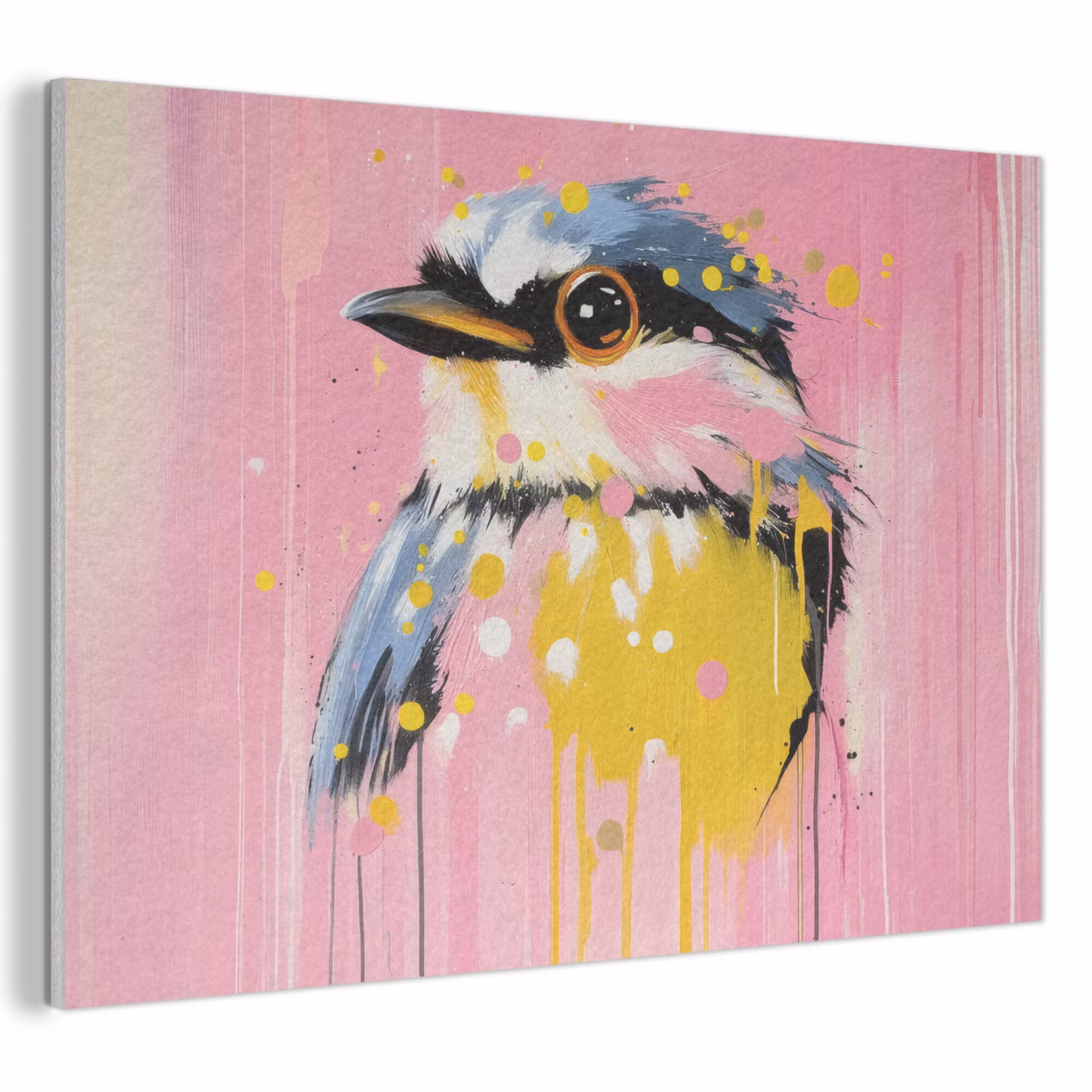 Akoestisch schilderij - Vogel - Roze - Geel - Blauw — 1