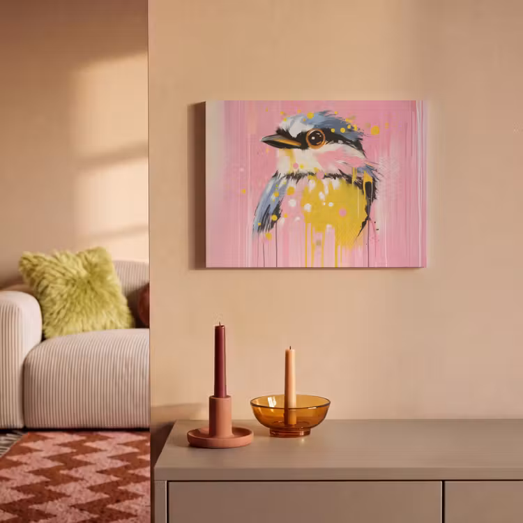 Akoestisch schilderij - Vogel - Roze - Geel - Blauw — 2