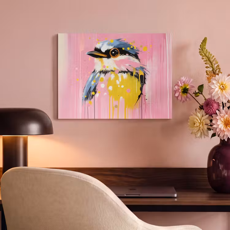 Akoestisch schilderij - Vogel - Roze - Geel - Blauw — 4
