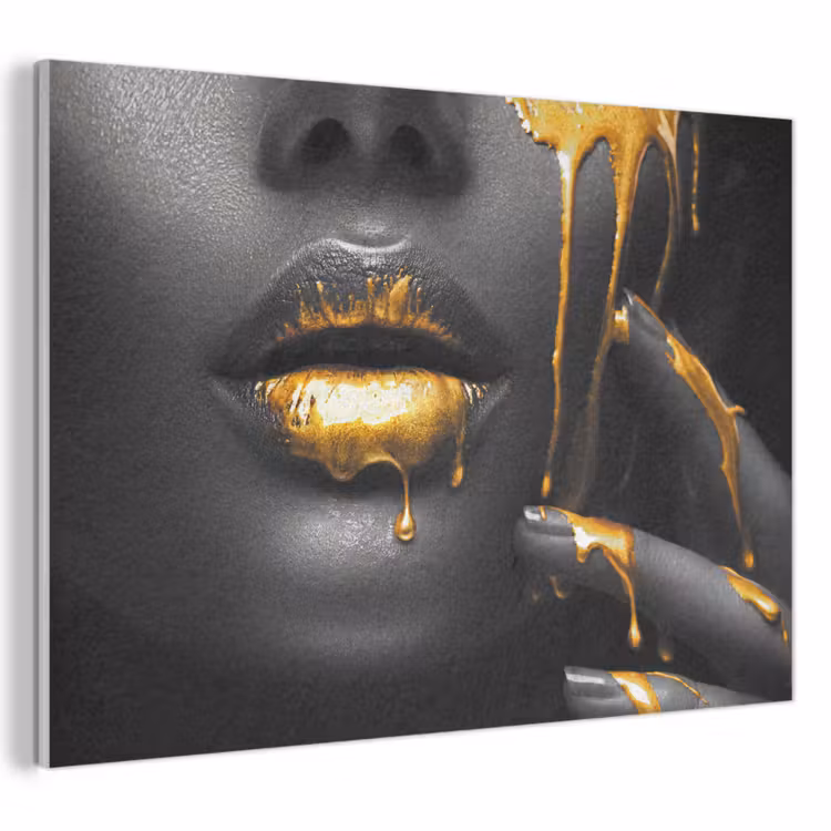 Akoestisch schilderij - Vrouw - Zwart - Goud - Gezicht - Lippen — 1