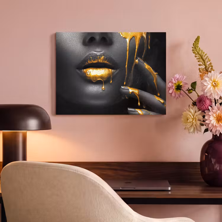 Akoestisch schilderij - Vrouw - Zwart - Goud - Gezicht - Lippen — 4